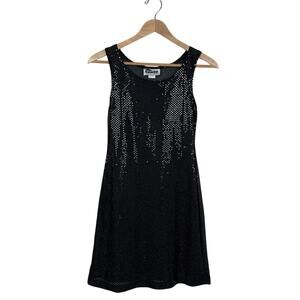 Vintage Sense Black Foil Sequin Mesh Mini Dress Sheer Party Made in USA 80s 90s